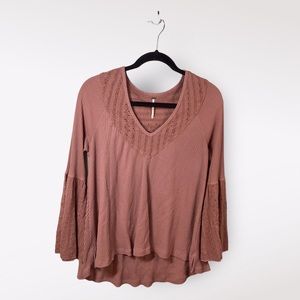 Free People Women’s Parisian Top Tunic Sz XS V Neck Brown Boho Lace Oversize